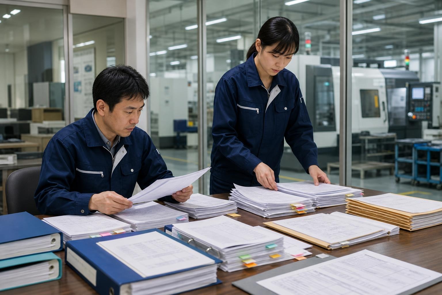 工廠人員整理紙本生產資料，準備進行 ERP 與 MES 資料分析